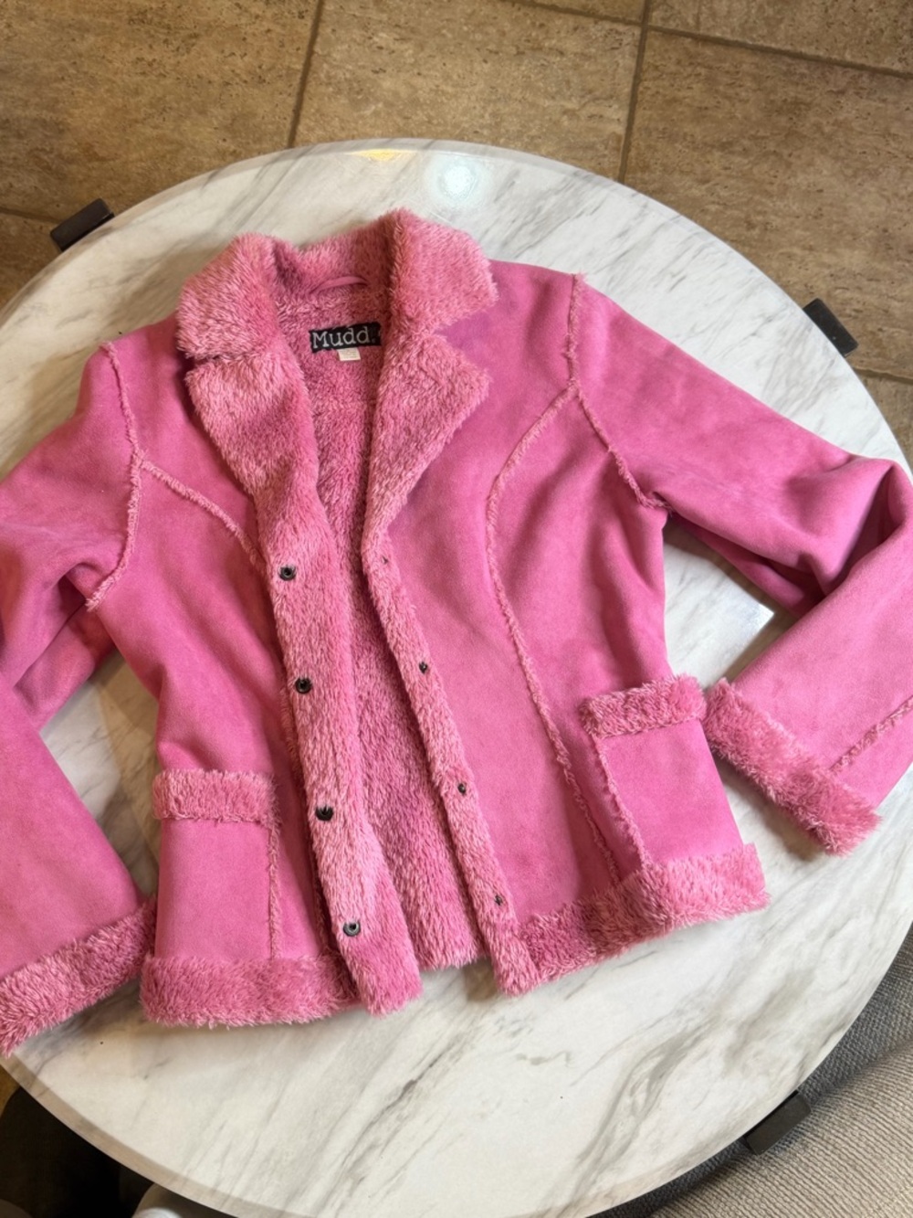 VTG Y2K Mudd Plush Pink Faux Shearling Collar Button Up Groovy Bratz Jacket S - Picture 2 of 6